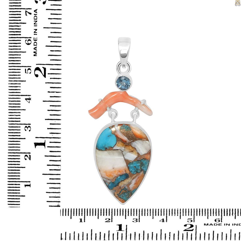 Spiny Oyster Turquoise / Coral & London Blue Topaz Pendant-2SP TRO-1-194