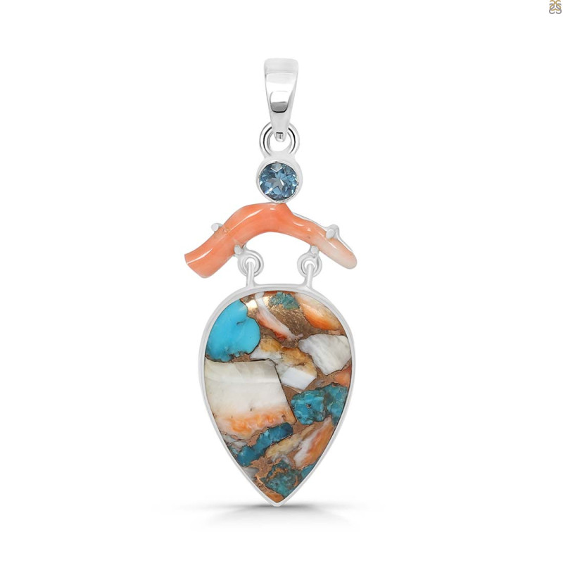 Spiny Oyster Turquoise / Coral & London Blue Topaz Pendant-2SP TRO-1-194
