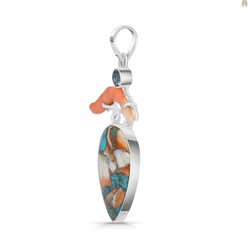 Spiny Oyster Turquoise / Coral & London Blue Topaz Pendant-2SP