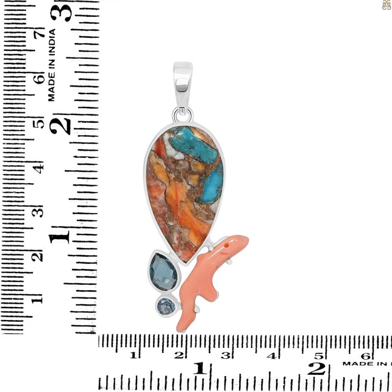 Spiny Oyster Turquoise / Coral & London Blue Topaz Pendant-2SP TRO-1-196