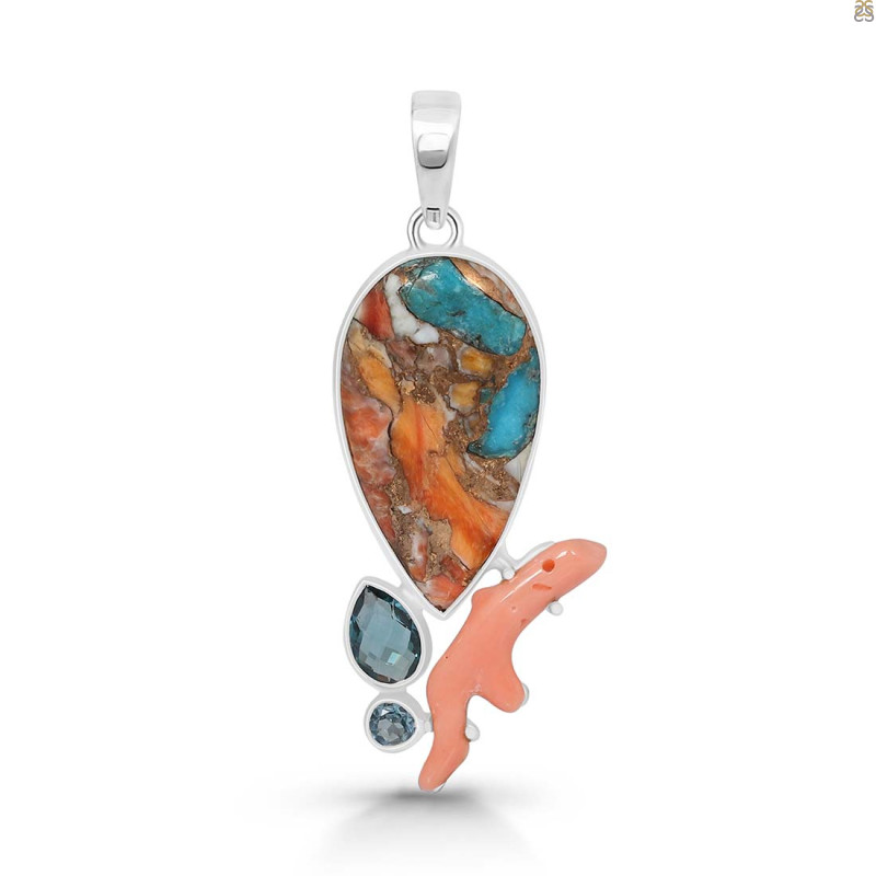 Spiny Oyster Turquoise / Coral & London Blue Topaz Pendant-2SP TRO-1-196