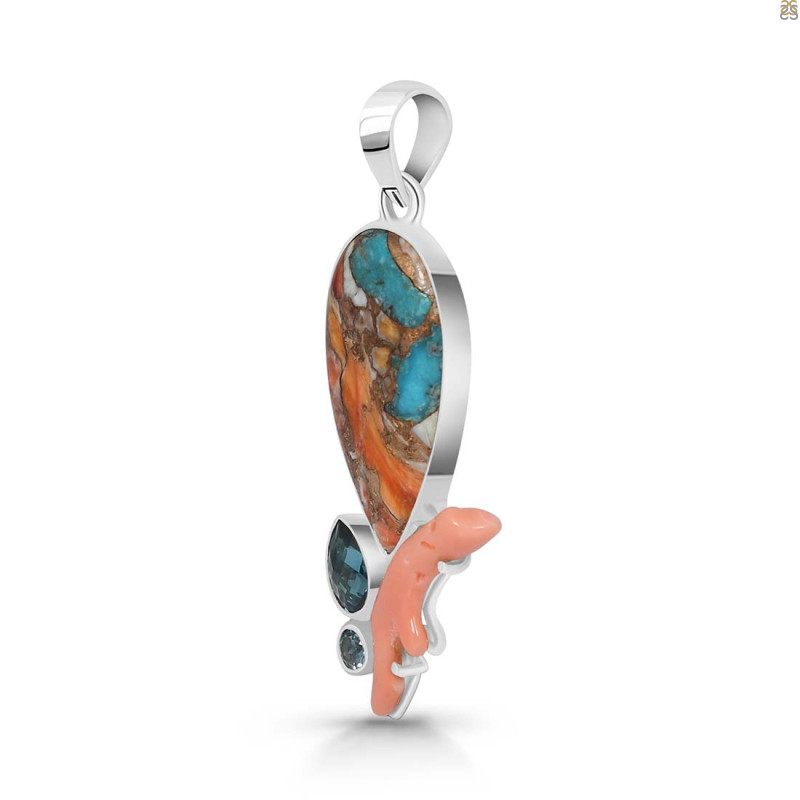Spiny Oyster Turquoise / Coral & London Blue Topaz Pendant-2SP