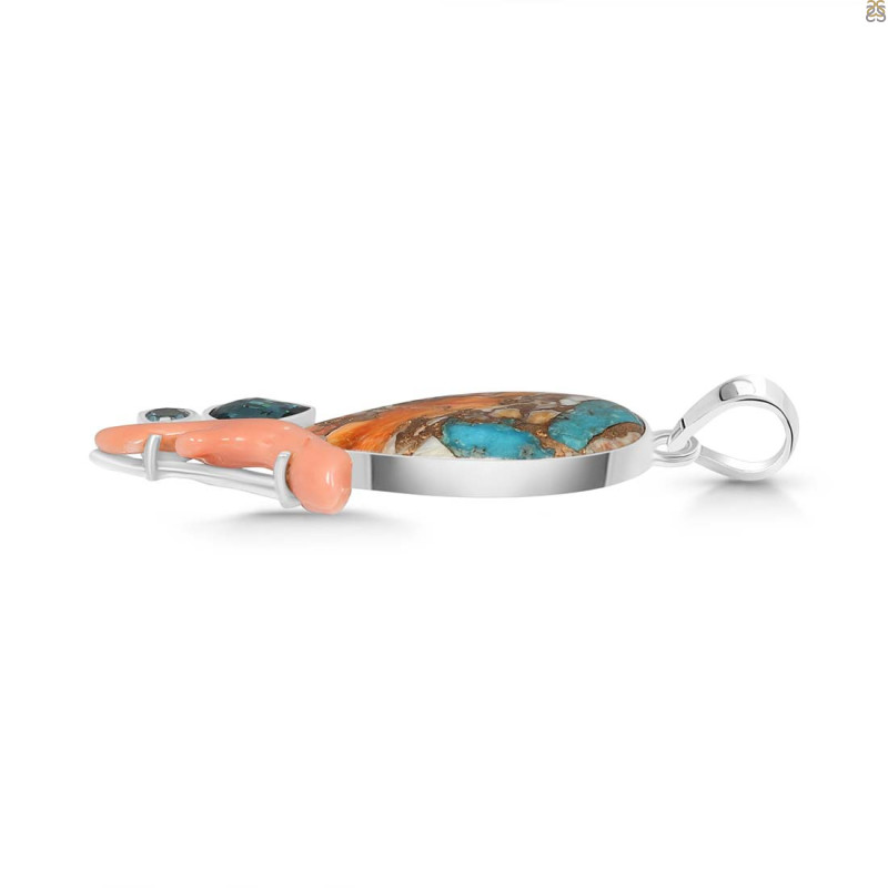 Spiny Oyster Turquoise / Coral & London Blue Topaz Pendant-2SP TRO-1-196
