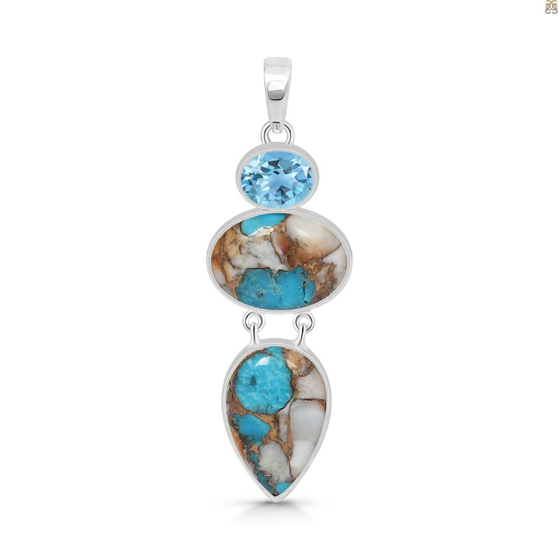 Spiny Oyster Turquoise & Blue-Topaz Pendant-2SP TRO-1-201