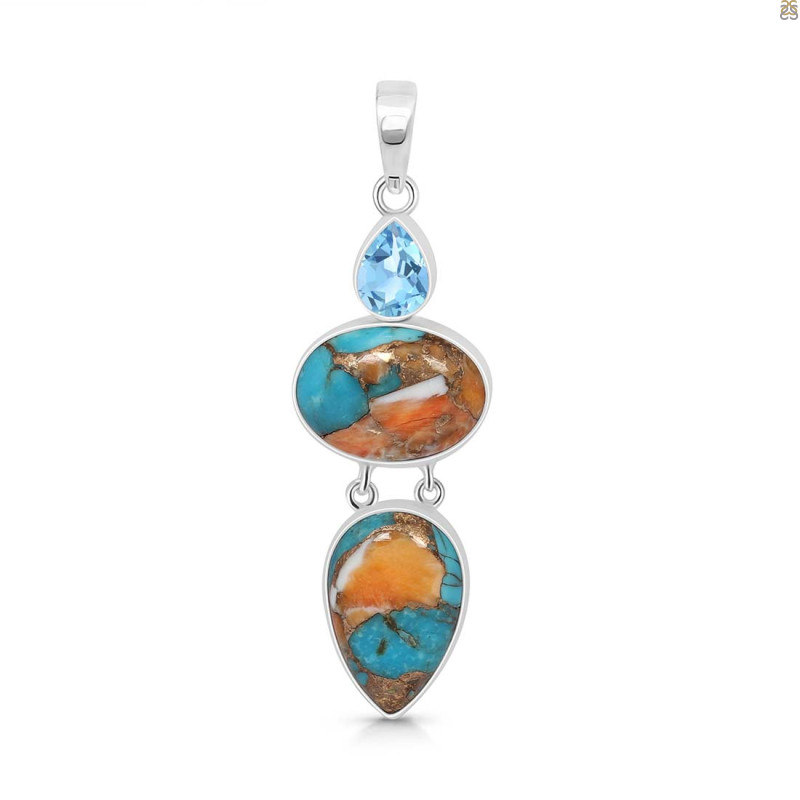 Spiny Oyster Turquoise & Blue-Topaz Pendant-2SP TRO-1-206