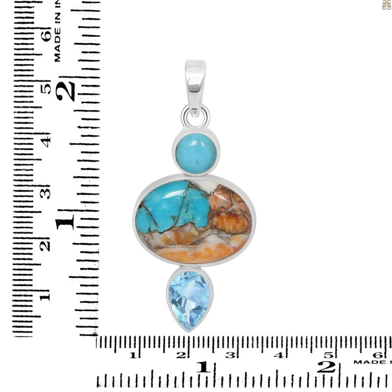 Spiny Oyster Turquoise / Turquoise & Blue-Topaz Pendant-2SP TRO-1-237