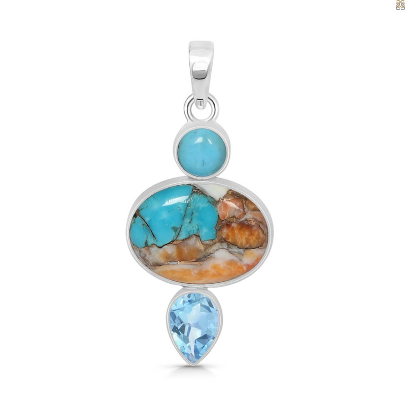 Spiny Oyster Turquoise / Turquoise & Blue-Topaz Pendant-2SP TRO-1-237
