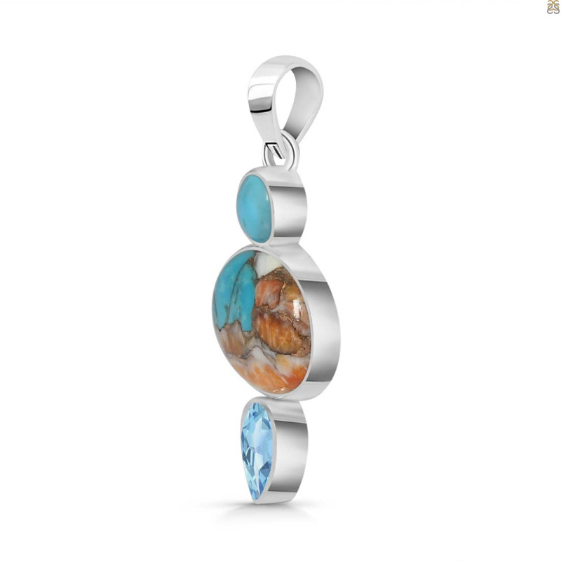 Spiny Oyster Turquoise / Turquoise & Blue-Topaz Pendant-2SP
