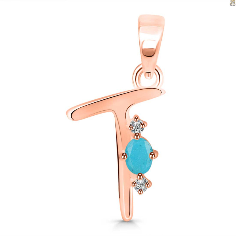 Turquoise & White Topaz Alphabet T Pendant TRQ-RDA-20.