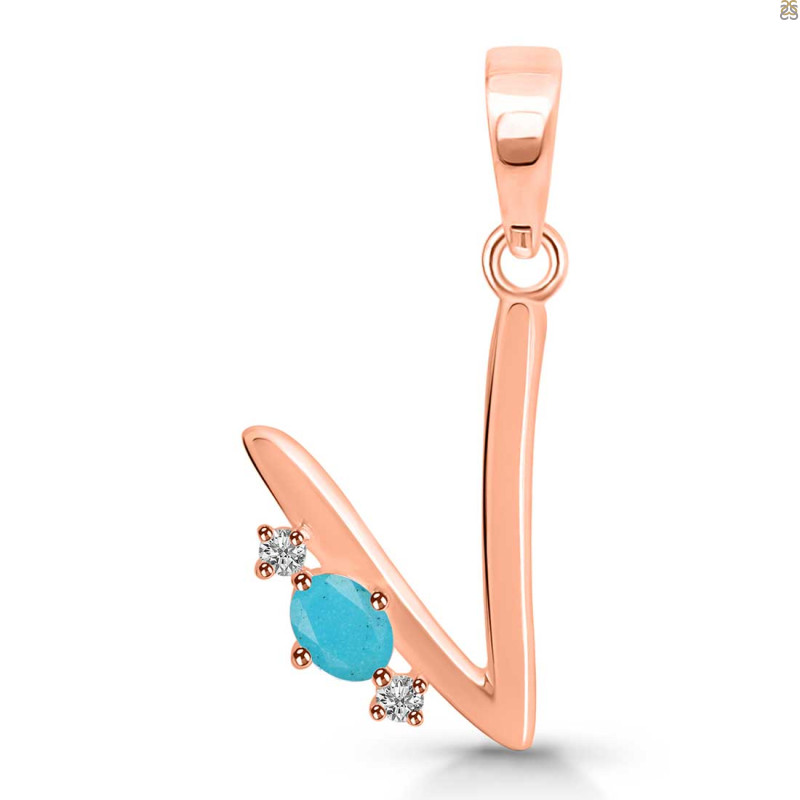 Turquoise & White Topaz Alphabet V Pendant TRQ-RDA-22.