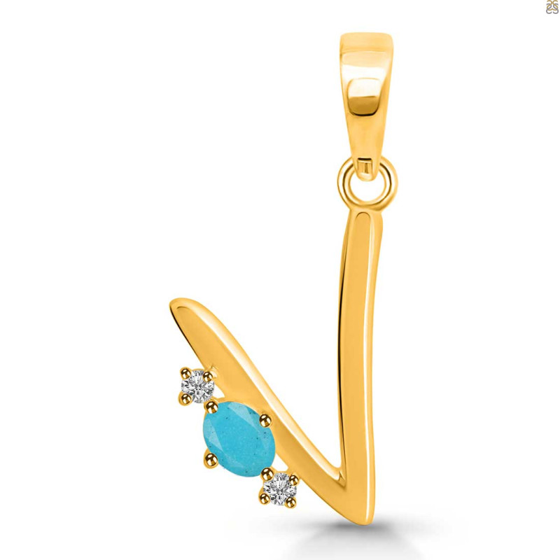 Turquoise & White Topaz Alphabet V Pendant TRQ-RDA-22.