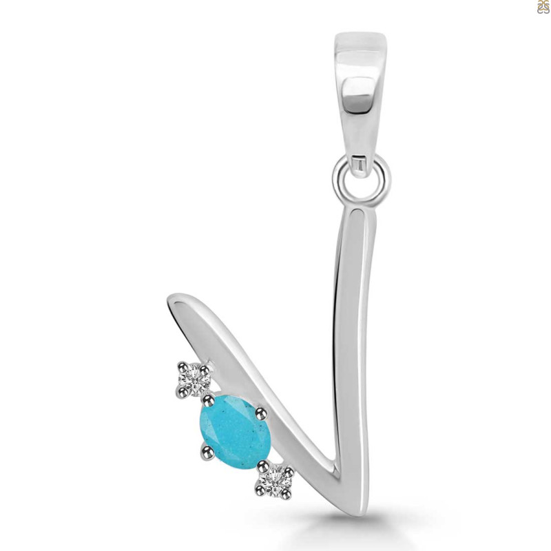Turquoise & White Topaz Alphabet V Pendant TRQ-RDA-22.