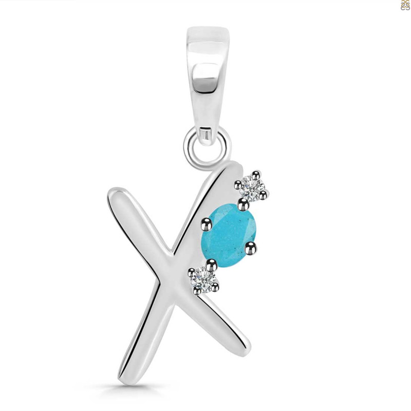 Turquoise & White Topaz Alphabet X Pendant TRQ-RDA-24.