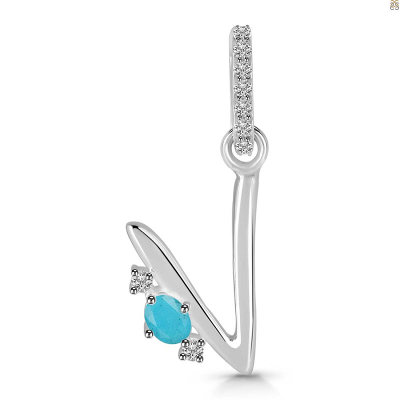 Turquoise & White Topaz Alphabet V Pendant TRQ-RDA-48.