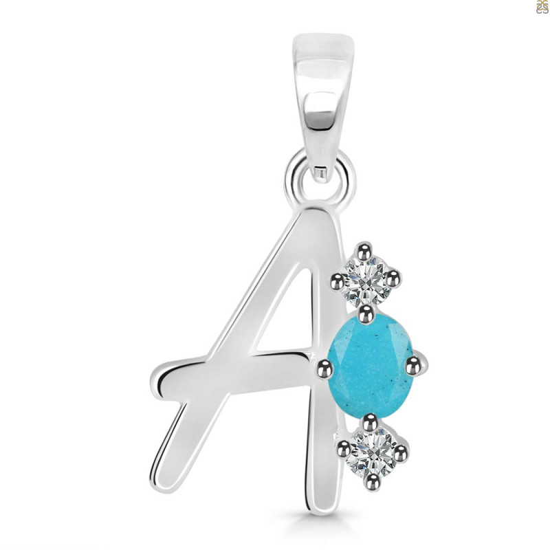 Turquoise & White Topaz Alphabet A Pendant TRQ-RDA-53.