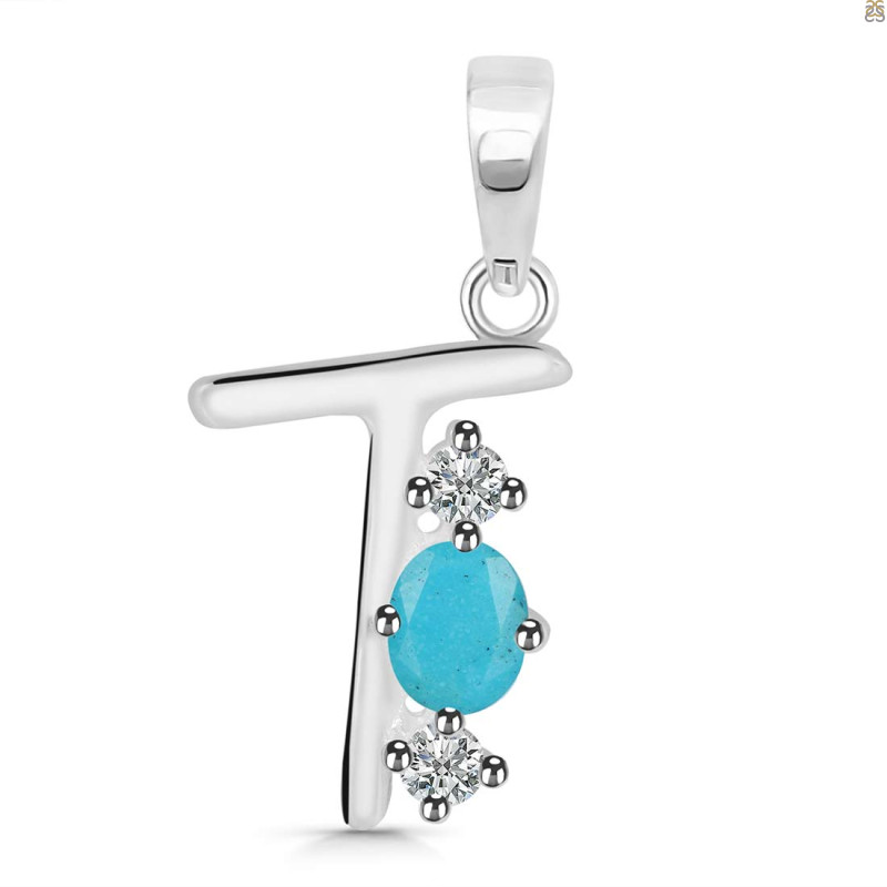 Turquoise & White Topaz Alphabet T Pendant TRQ-RDA-72.
