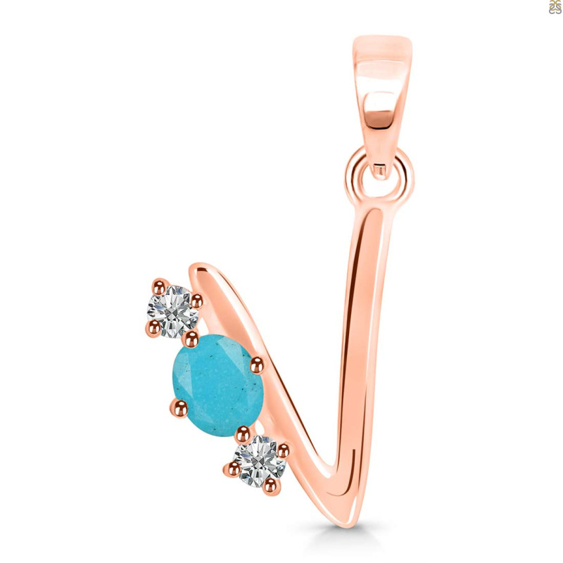 Turquoise & White Topaz Alphabet V Pendant TRQ-RDA-74.