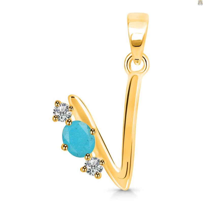 Turquoise & White Topaz Alphabet V Pendant TRQ-RDA-74.