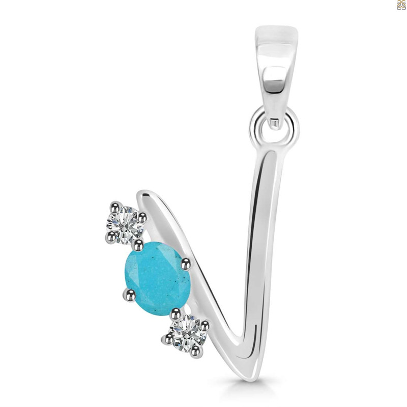 Turquoise & White Topaz Alphabet V Pendant TRQ-RDA-74.