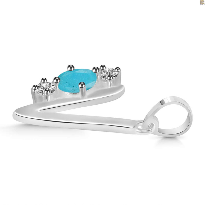 Turquoise & White Topaz Alphabet V Pendant