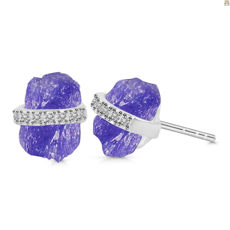 Tanzanite Raw Crystal & White Topaz Stud Earring