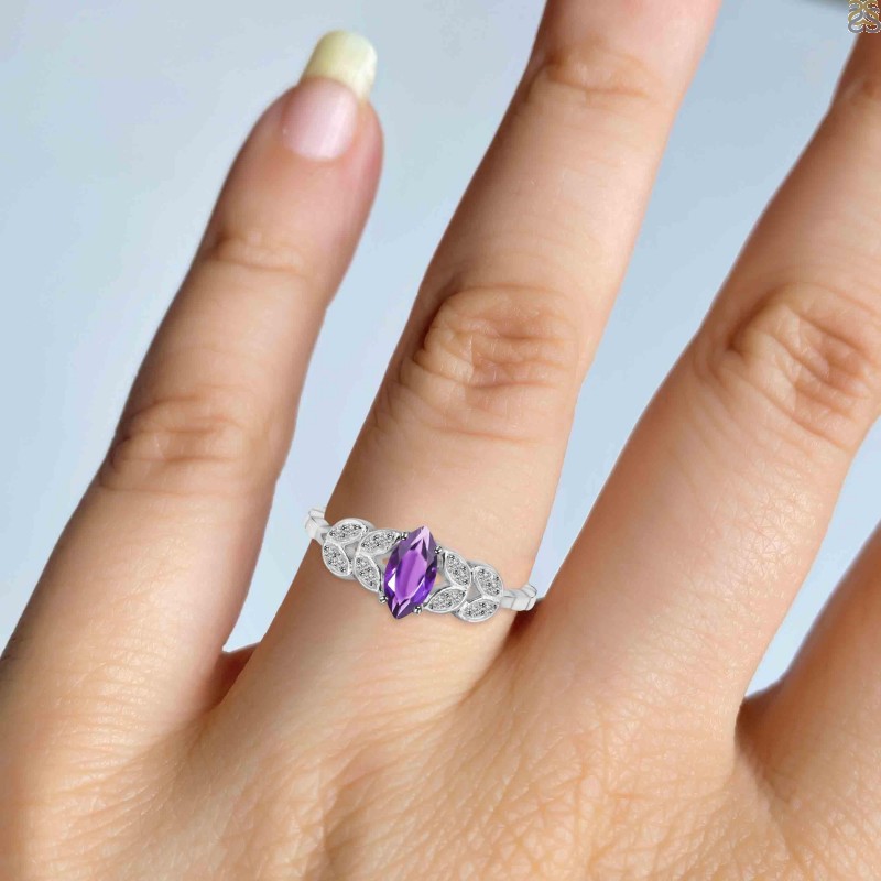 Nature Inspired 14K White Gold 1.0 Ct Blue Topaz Amethyst Leaf and Vine  Engagement Ring Wedding Band Set R340SS-14KWGAMBT | Art Masters Jewelry
