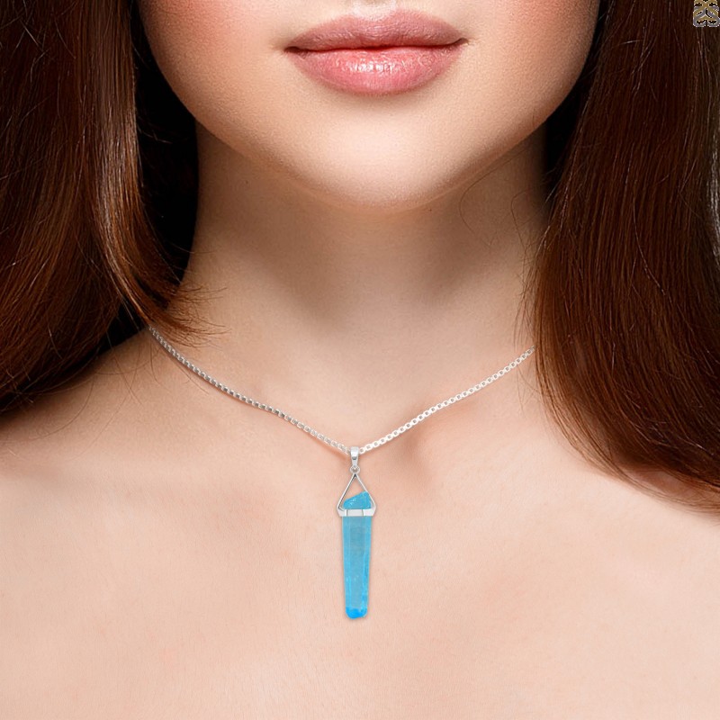 DISCOUNTED Genuine Aqua Aura crystal necklace, silver plated fixture, on  sterling chain