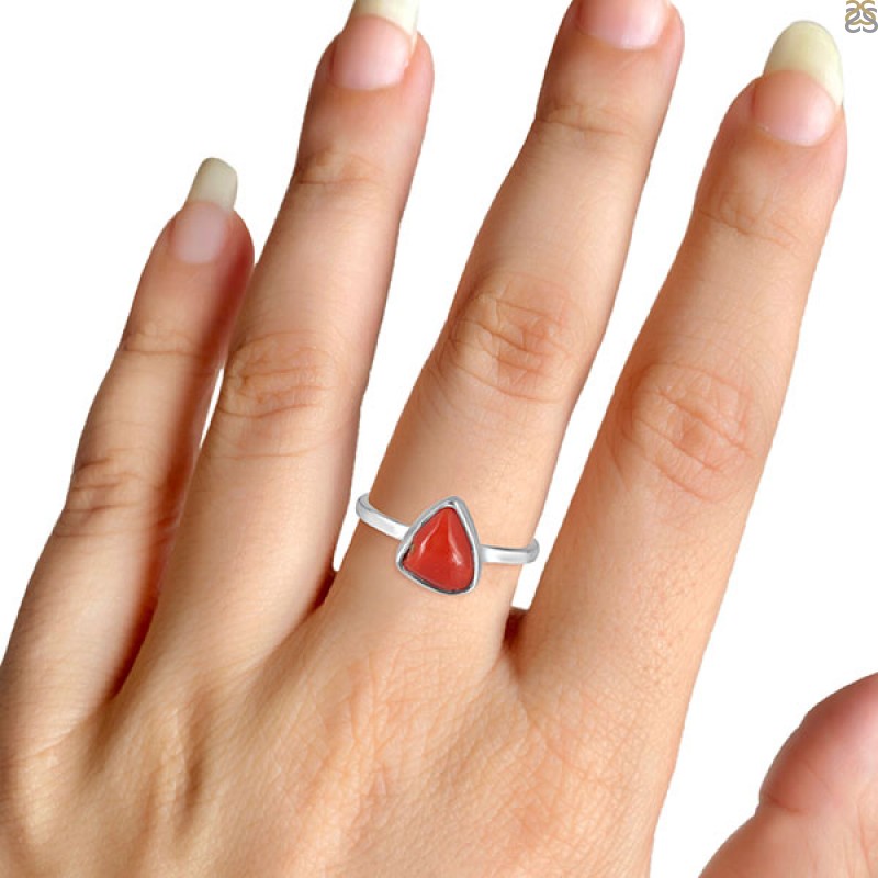 Triangular Red Coral Sterling Silver Ring (Design AC13) | GemPundit
