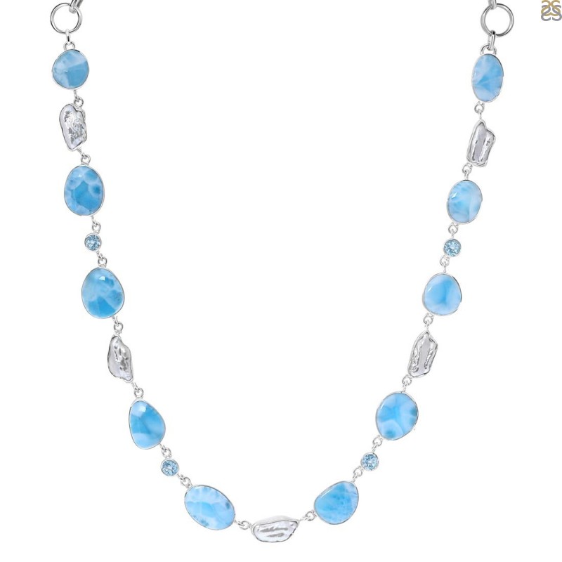 Aquamarine Luster Long Pearl Necklace | Mabel Chong