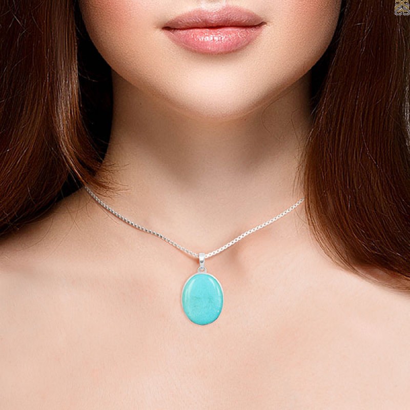 925 Sterling Silver Minimalist Round Turquoise Pendant Necklace - 1000131685