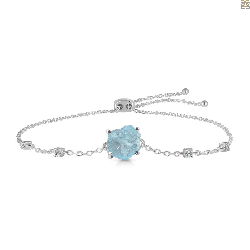 Aquamarine Raw Crystal & White Topaz Bracelet With Adjustable Slider Lock