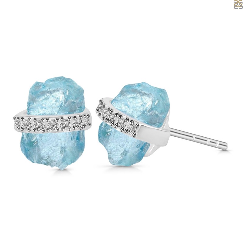 Aquamarine Raw Crystal & White Topaz Stud Earring