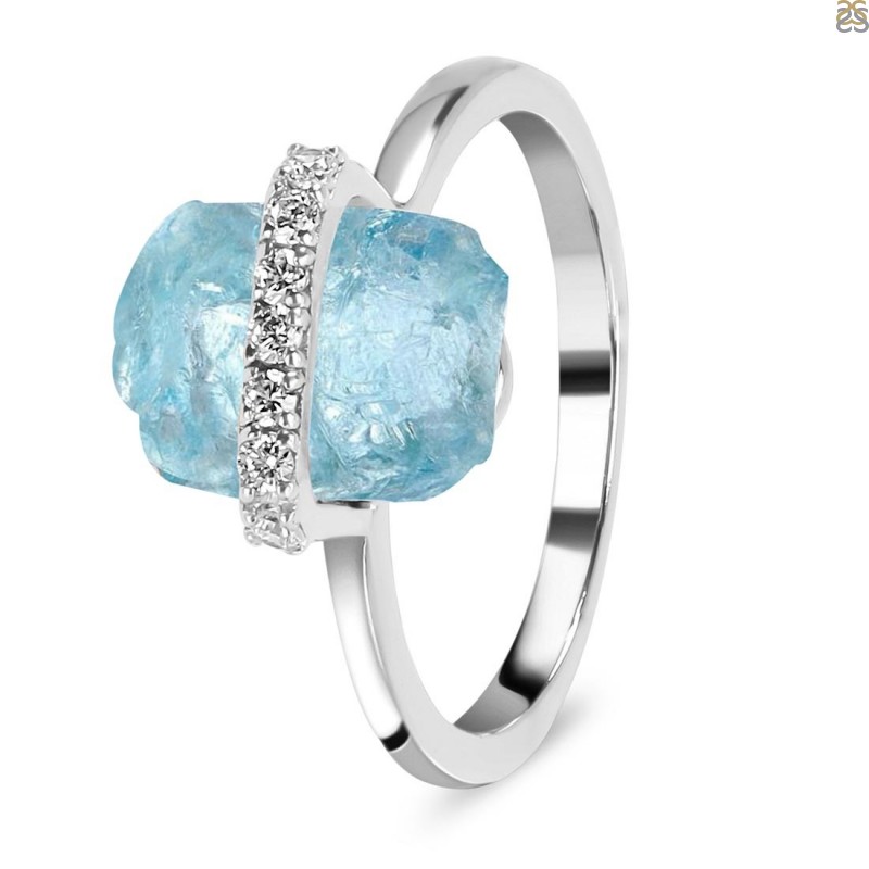 Aquamarine Raw Crystal & White Topaz Ring