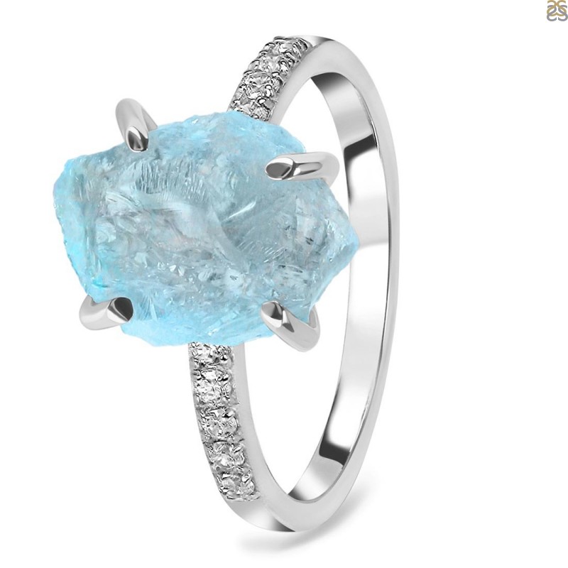 Aquamarine Raw Crystal & White Topaz Ring