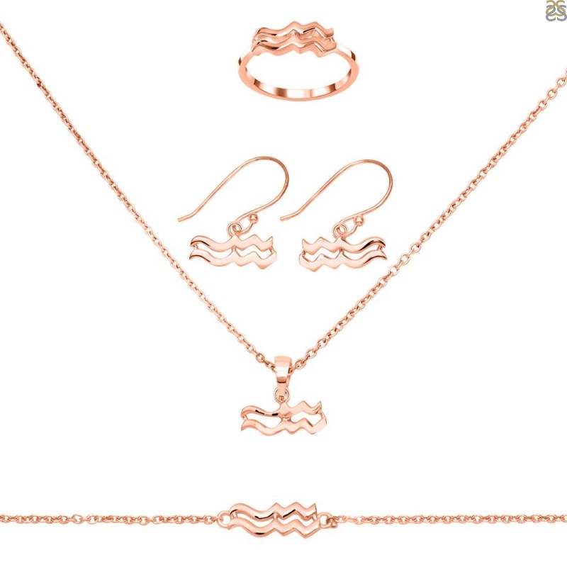 Aquarius Zodiac Plain Silver Jewelry Set