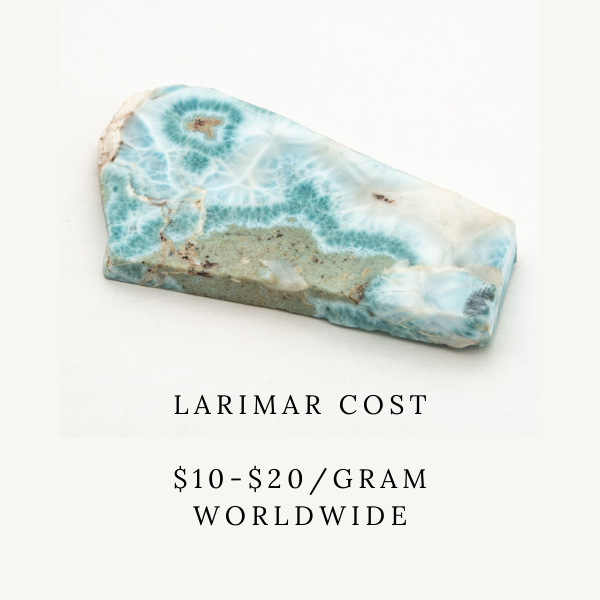 Larimar cost - $10 - $20 / gram worldwide Larimar cost - $10 - $20 / gram worldwide